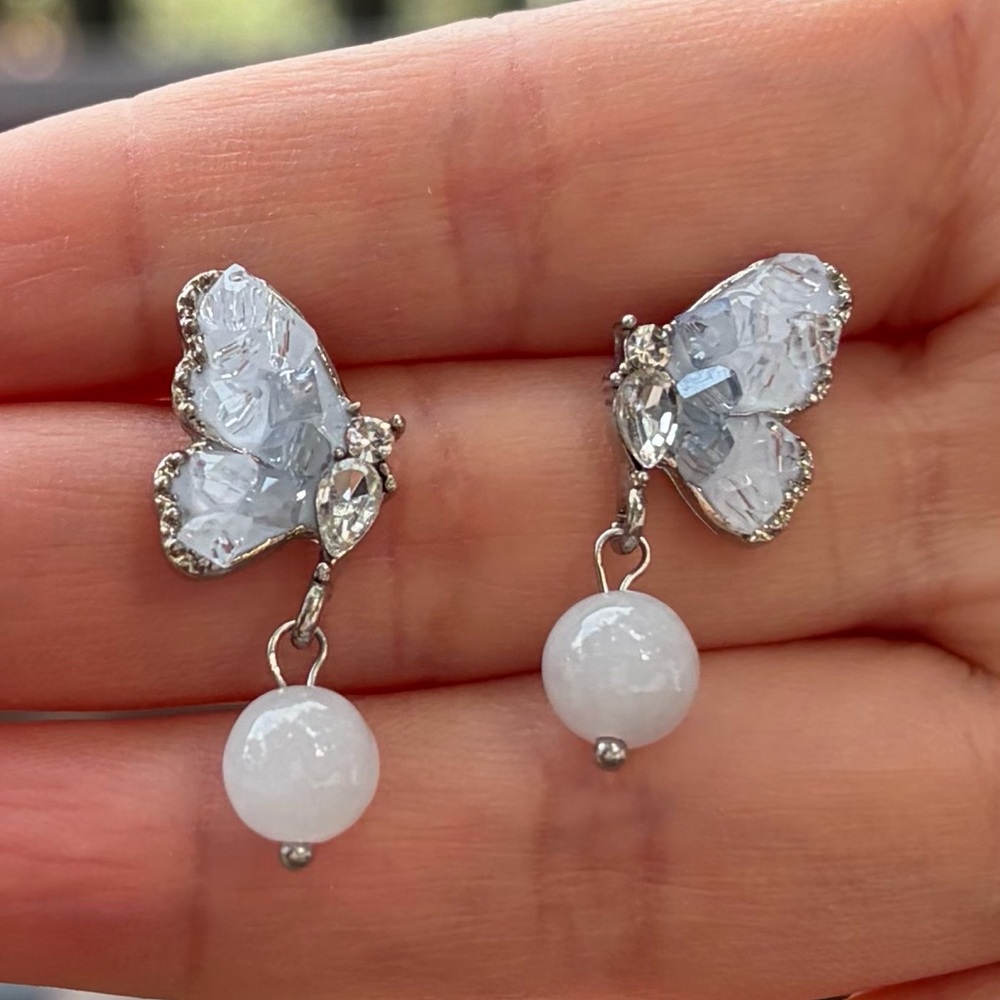 Elegant Butterfly Drop Earrings – Silver Tone with Natural Frosted Stone - Picture 4 of 5